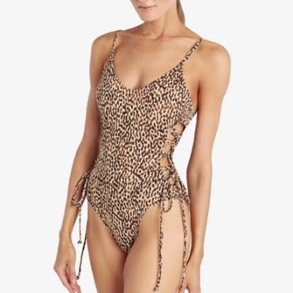 Robin Piccone Whitney lace up leopard print one piece swimsuit - Picture 1 of 8